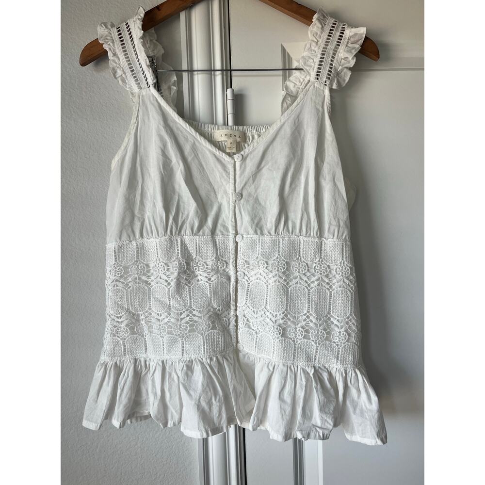 Adiva White Ruffle Eyelet Peplum Tank Top w/ Ruched Back Fairy | Size Medium